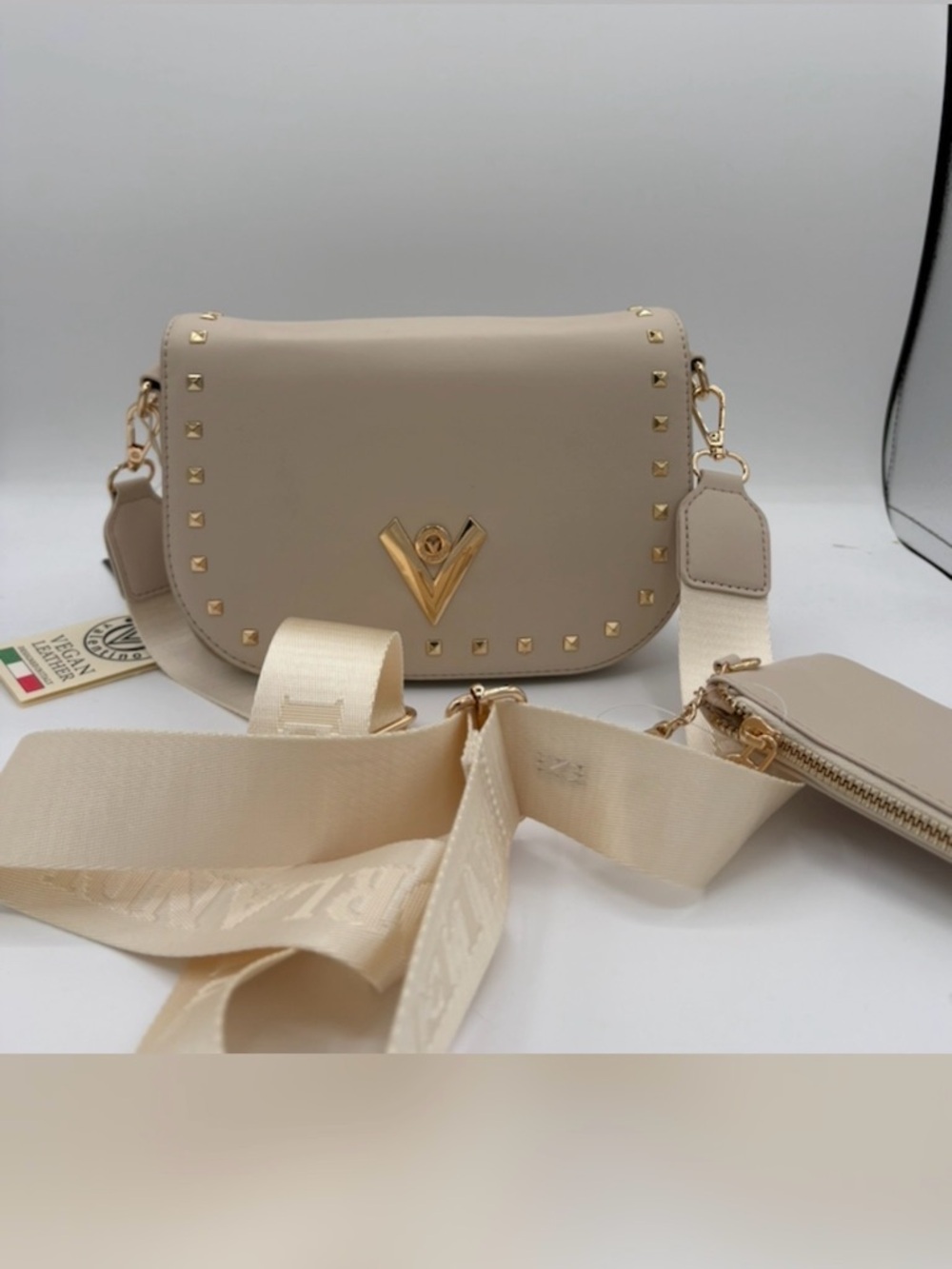 Valentino Orlandi Beige Stud-Trim Crossbody with Detachable Strap